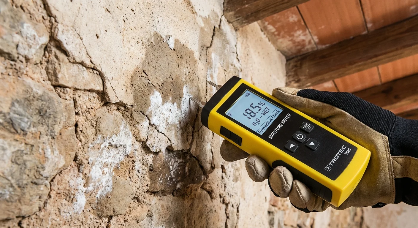 Detailaufnahme, Schärfe eines Feuchtigkeitsmessgerätes bei der Überprüfung der Wand eines überwinterten Hauses in Spanien, vorbeugende Kontrolle gegen Schimmel, professioneller Auftritt