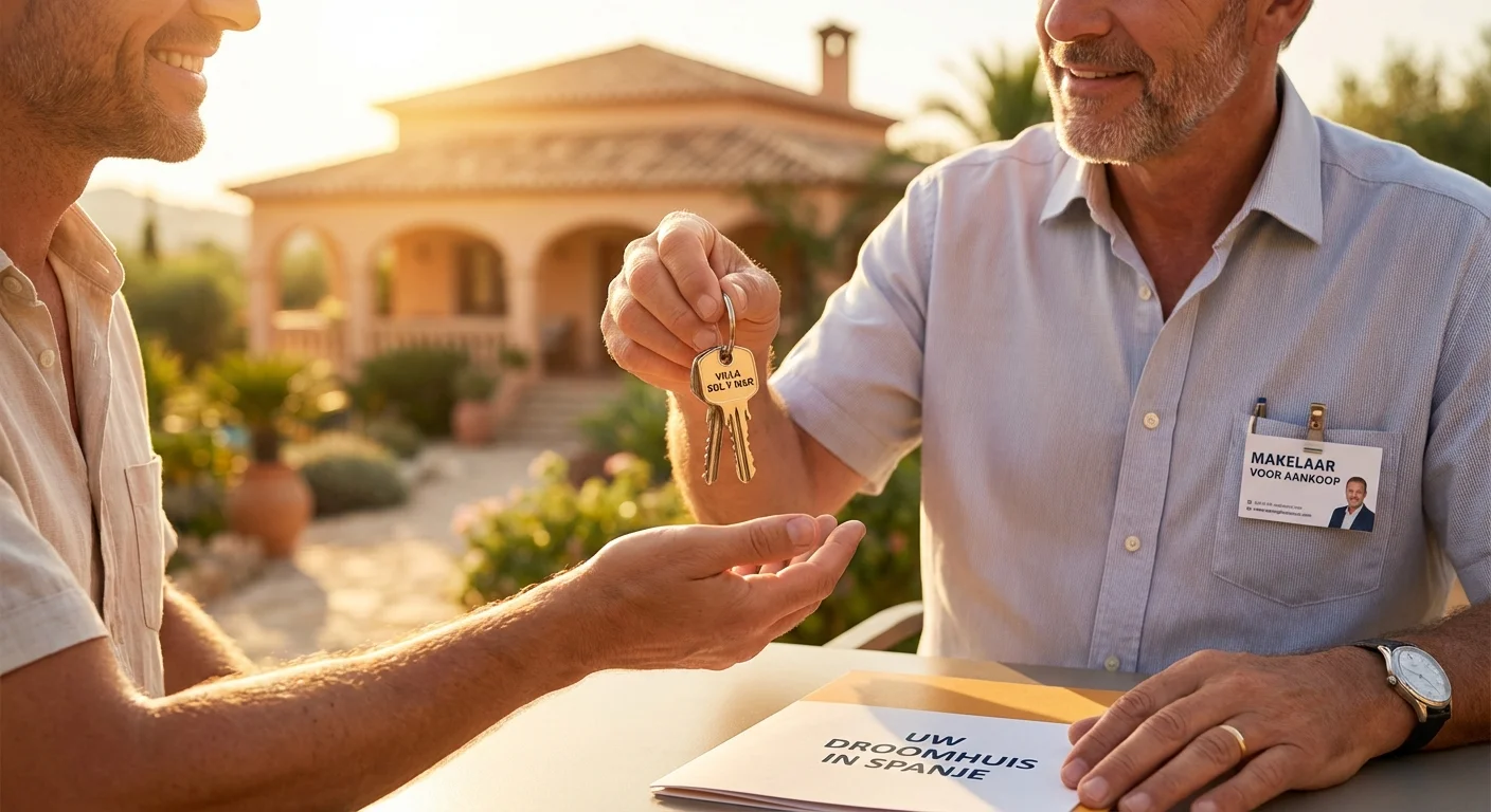 close-up detail shot, sharp focus of an Estate Agent for Purchase in Spain handing over the keys of a Spanish villa to a client, sunlight in the background. ALL text rendered in this image MUST be in Dutch. Ensure correct spelling.