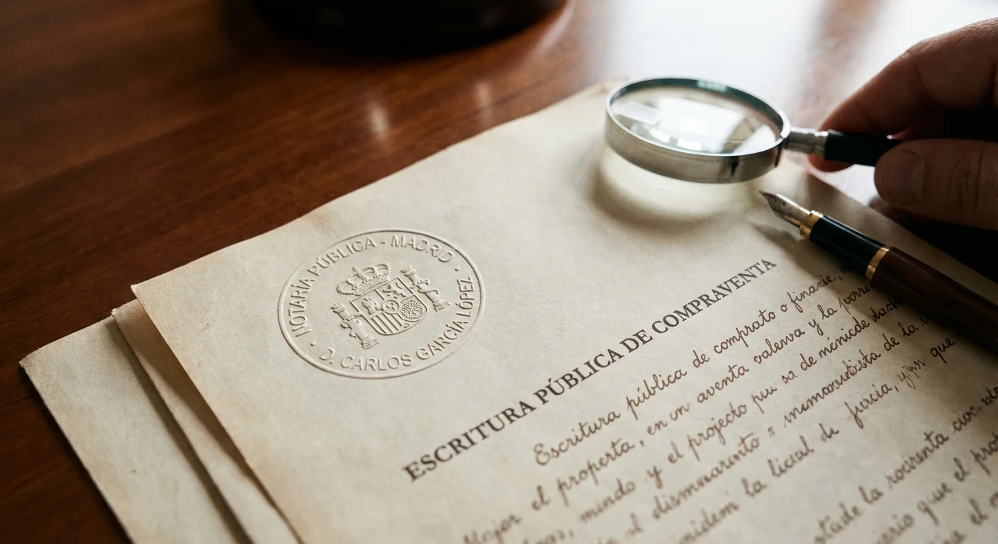 Detailaufnahme in Nahaufnahme, Schärfe auf einen amtlichen Stempel auf einer spanischen Grundstücksurkunde während eines Legal Audits, professionelles Erscheinungsbild