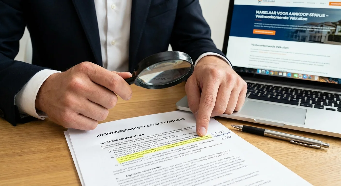 close-up detail shot, sharp focus of an Estate Agent for Purchase in Spain inspecting a contract for common pitfalls when buying Spanish property, professional look. ALL text rendered in this image MUST be in Dutch. Ensure correct spelling.