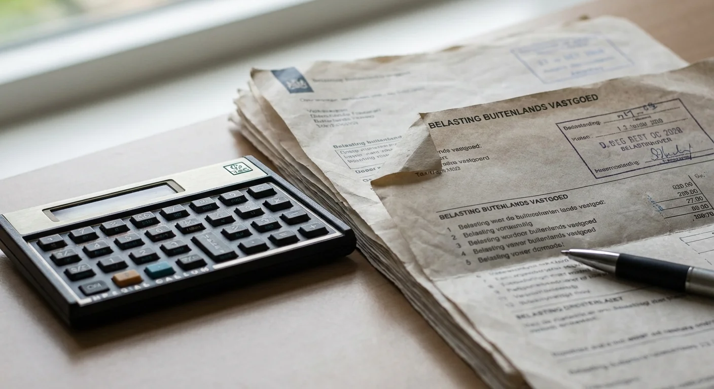 close-up detail shot, sharp focus van een rekenmachine en fiscale documenten die tonen hoe buitenlands vastgoed belast wordt, professional appearance