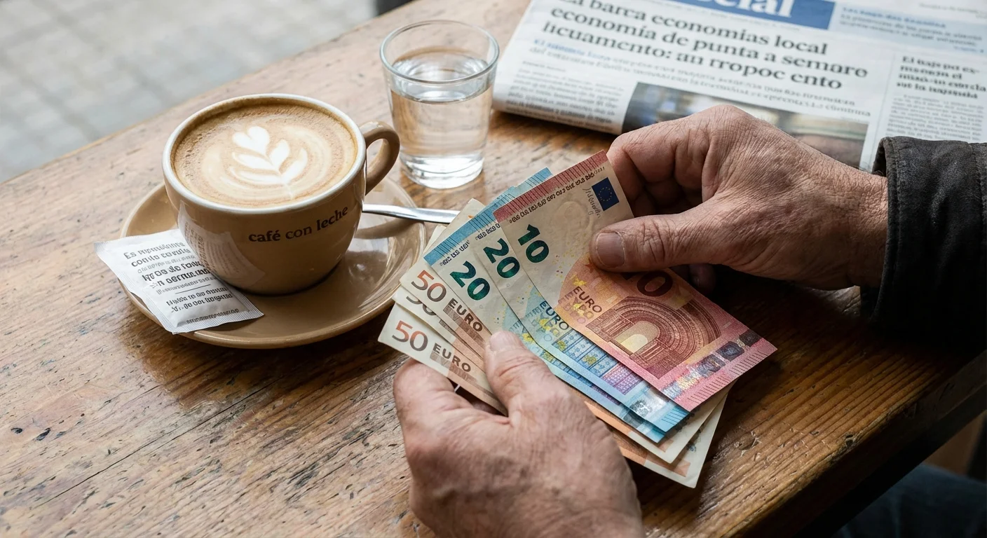 close-up detail shot, sharp focus van een hand die eurobiljetten telt op een houten tafel met een Spaanse koffie, illustrerend hoe men kan in Spanje rondkomen, professional appearance