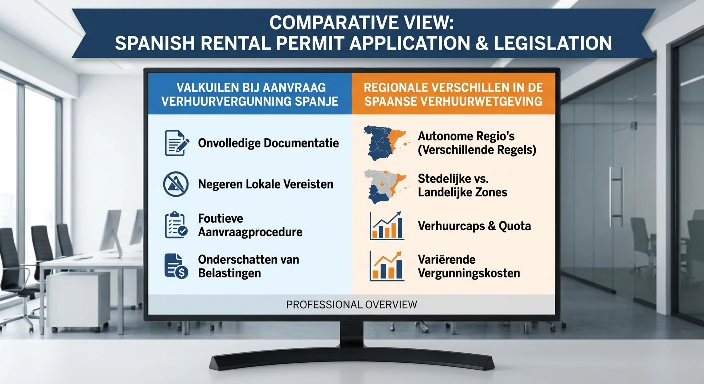 comparative view, side-by-side layout van de regionale verschillen in de Spaanse verhuurwetgeving en de valkuilen bij een verhuurvergunning in Spanje, professional appearance