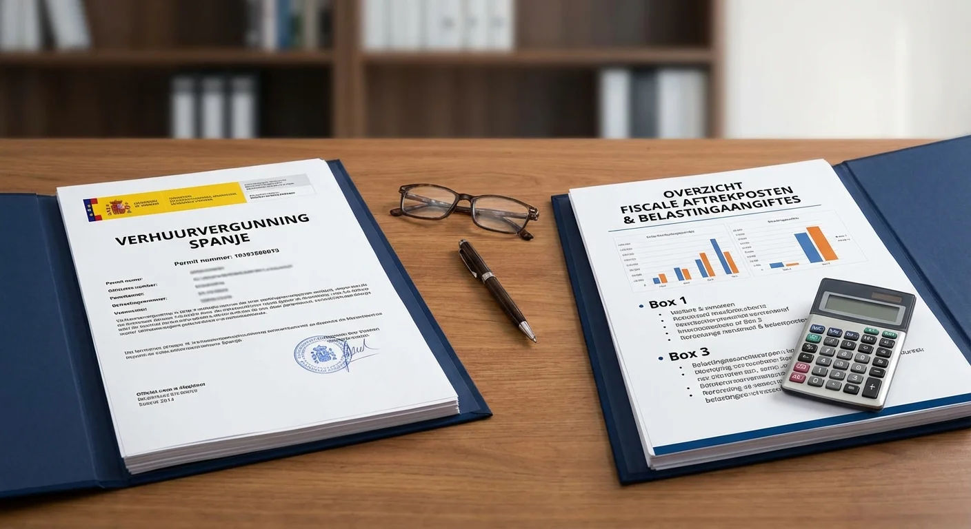 comparative view, side-by-side layout of an official document for Letting Permit Spain alongside an overview of tax deductions and tax returns, professional appearance