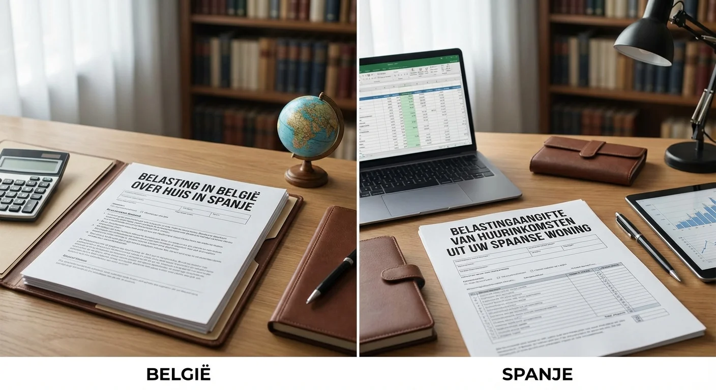 comparative view, side-by-side layout of belasting in België over huis in Spanje at belastingaangifte van huurinkomsten uit uw spaanse woning, professional appearance