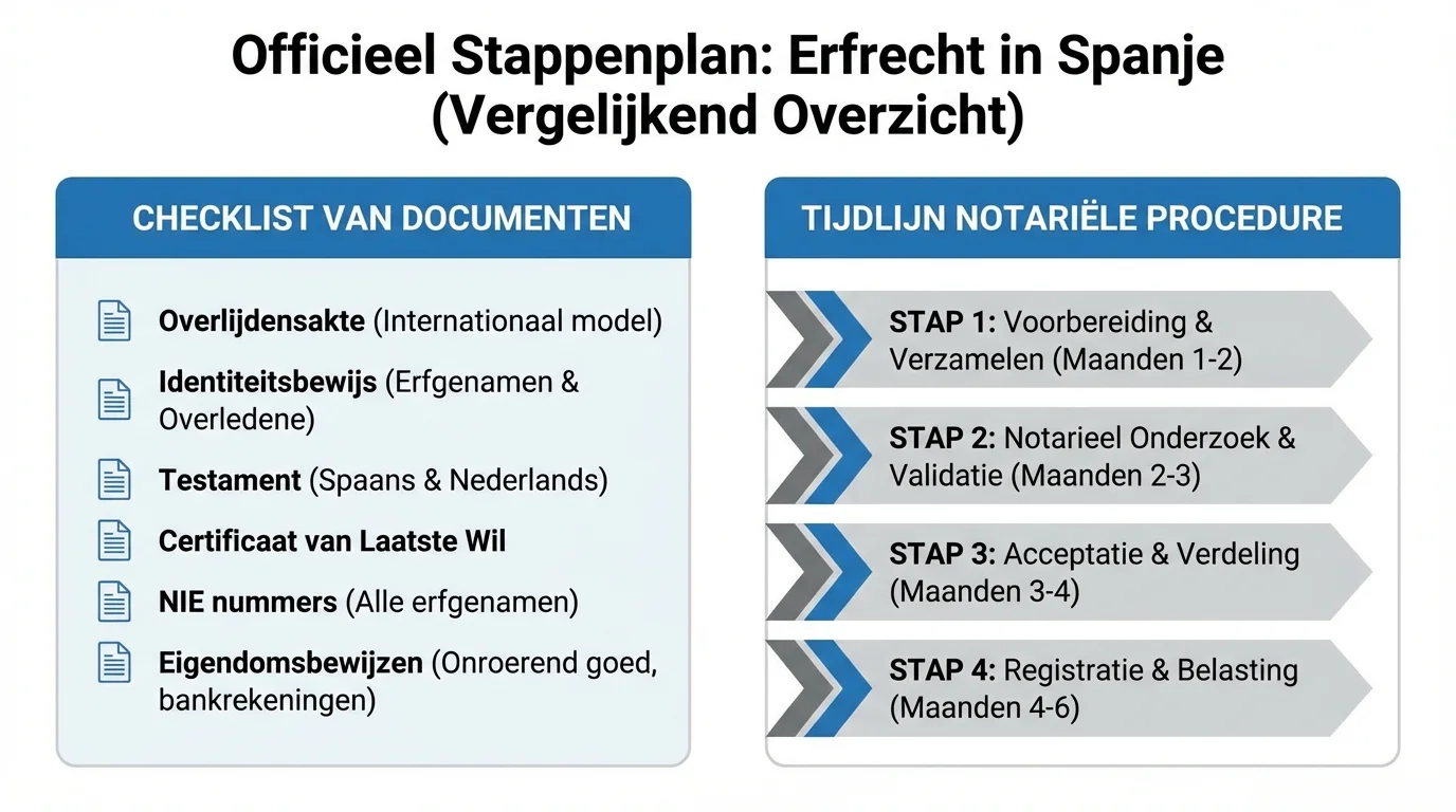 comparative view, side-by-side layout van een officieel stappenplan voor Erfrecht in Spanje, met aan de ene kant een checklist van documenten en aan de andere kant een tijdlijn van de notariële procedure, professional appearance