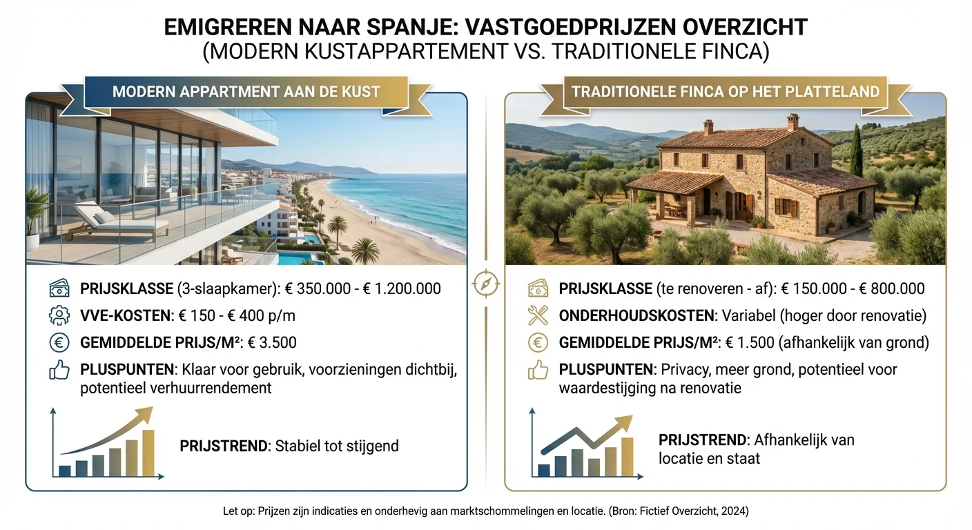 comparative view, side-by-side layout of Emigrating to Spain with an overview of property prices between a modern flat on the coast and a traditional finca in the countryside, professional appearance