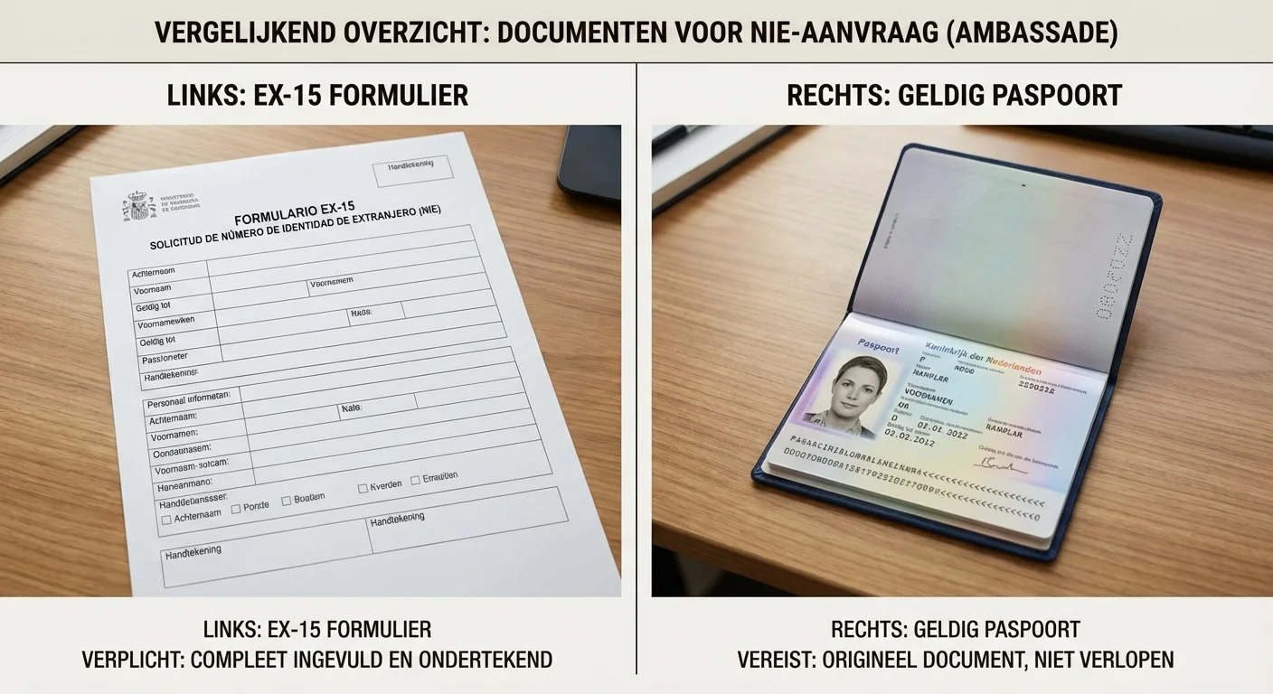 comparative view, side-by-side layout of de benodigde documenten zoals het EX-15 formulier en paspoort voor een NIE Nummer aanvraag bij de ambassade, professional appearance. ALL text rendered in this image MUST be in Dutch. Ensure correct spelling.
