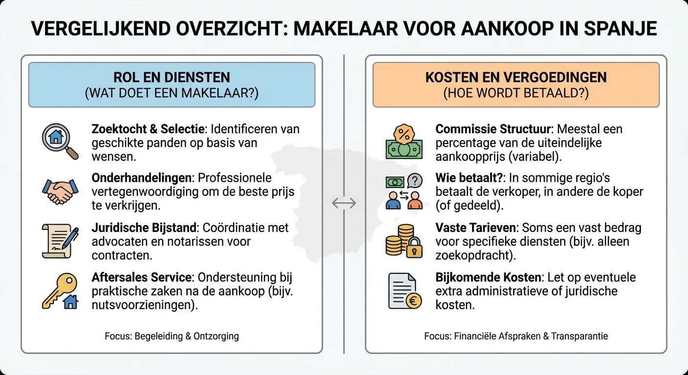 comparative view, side-by-side layout of Estate Agent for Purchase in Spain at costs and fees of an estate agent for purchase in spain, professional appearance. ALL text rendered in this image MUST be in Dutch. Ensure correct spelling.