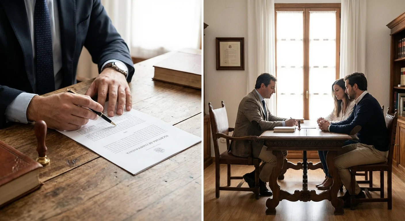 comparative view, side-by-side layout of een professionele Notaris in Spanje die de Escritura de Compraventa controleert terwijl koper en verkoper aan een houten tafel zitten