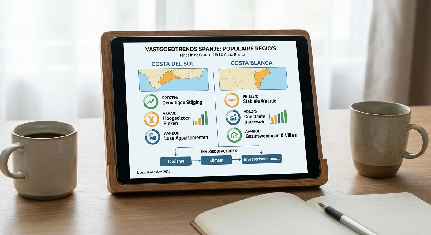 diagramme ou style infographique, clair et informatif sur les tendances immobilières en Espagne dans des régions populaires comme la Costa del Sol et la Costa Blanca, aspect professionnel