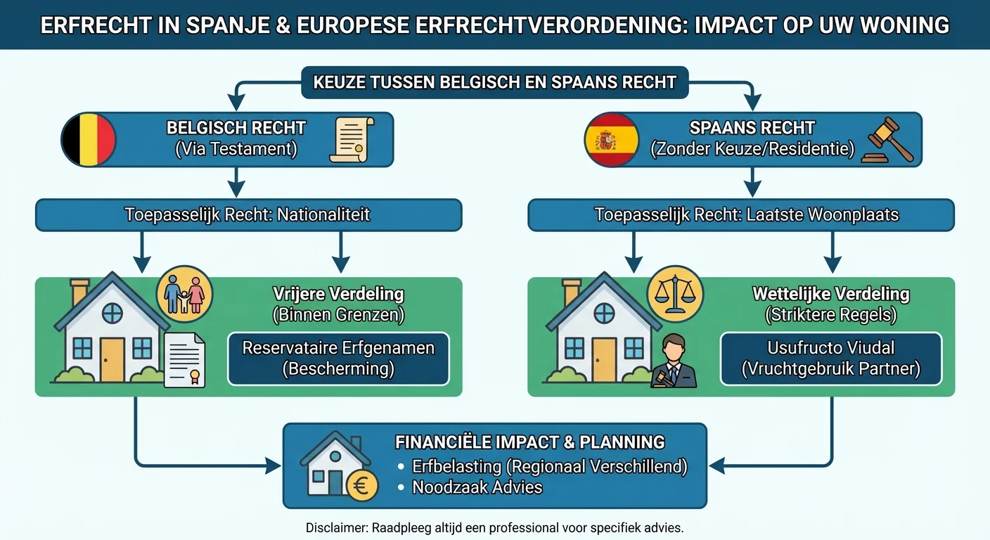 diagram of infographic style, clear and informative of Erfrecht in Spanje at de impact van de europese erfrechtverordening op uw woning, professional appearance met visuele weergave van de keuze tussen Belgisch en Spaans recht