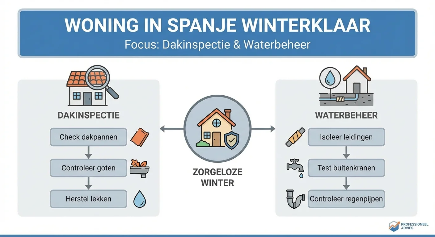 Diagramm im Infografik-Stil, übersichtlich und informativ oder Haus in Spanien Überwintert mit Schwerpunkt Dachinspektion und Wassermanagement, professionelles Erscheinungsbild