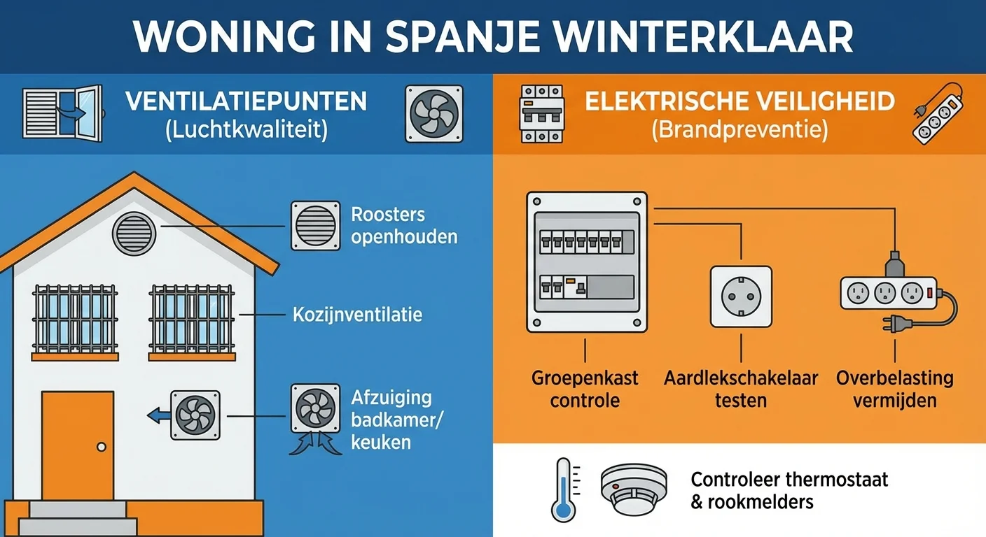 Diagramm im Stil einer Infografik, klar und informativ oder Home in Spain Winterised mit einer Übersicht über Lüftungspunkte und elektrische Sicherheit, professionelles Aussehen