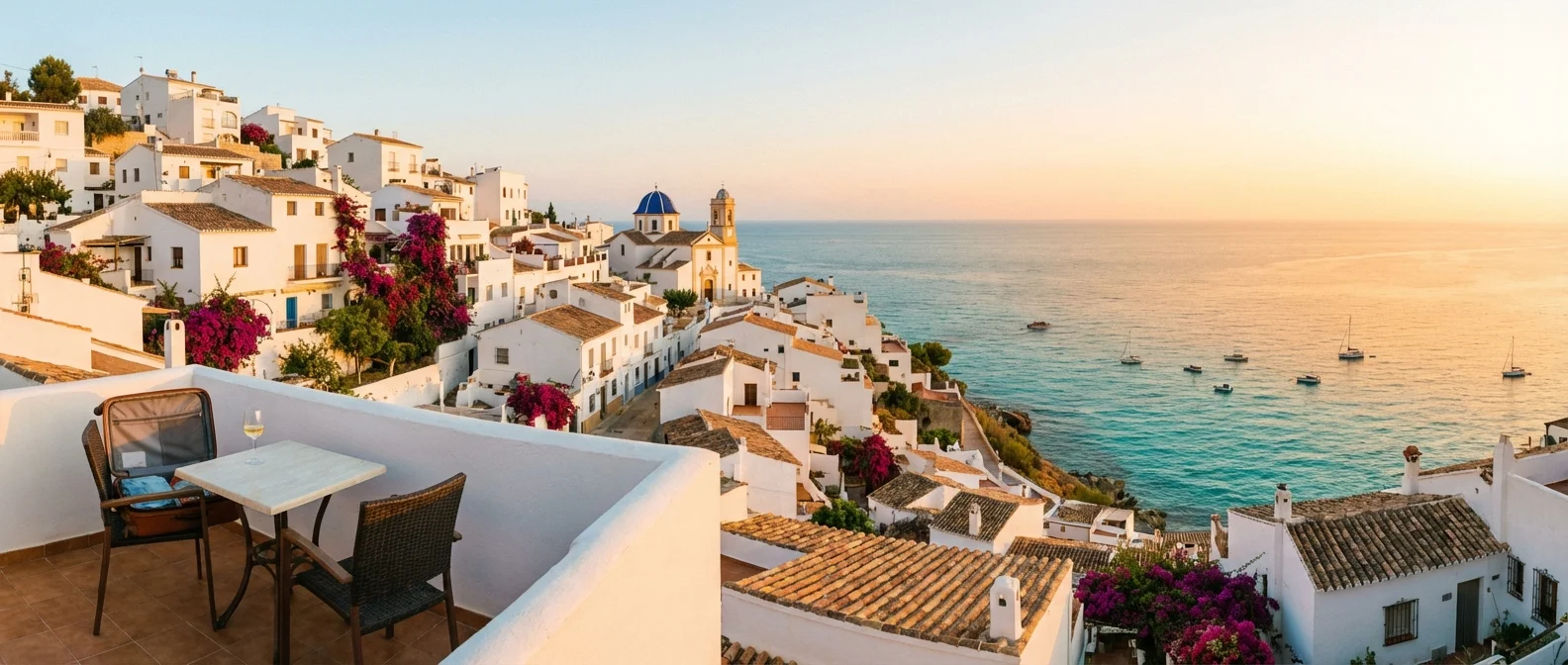 Large panorama d'un village blanc sur la Costa Blanca, vue atmosphérique de la mer Méditerranée, composition invitante pour émigrer en Espagne, photographie professionnelle