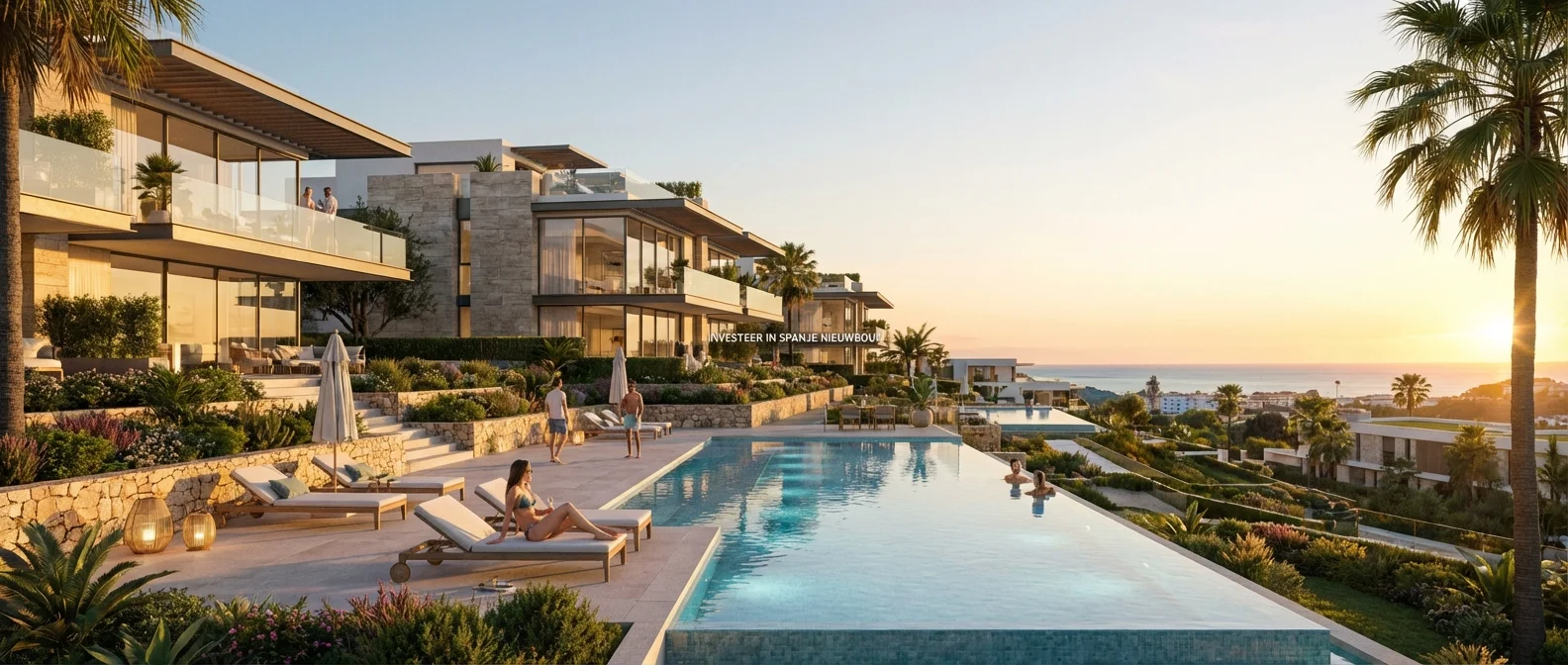 A wide panorama of Invest in Spain new construction, a luxury modern apartment complex with pool at sunset, atmospheric composition, professional architectural photography