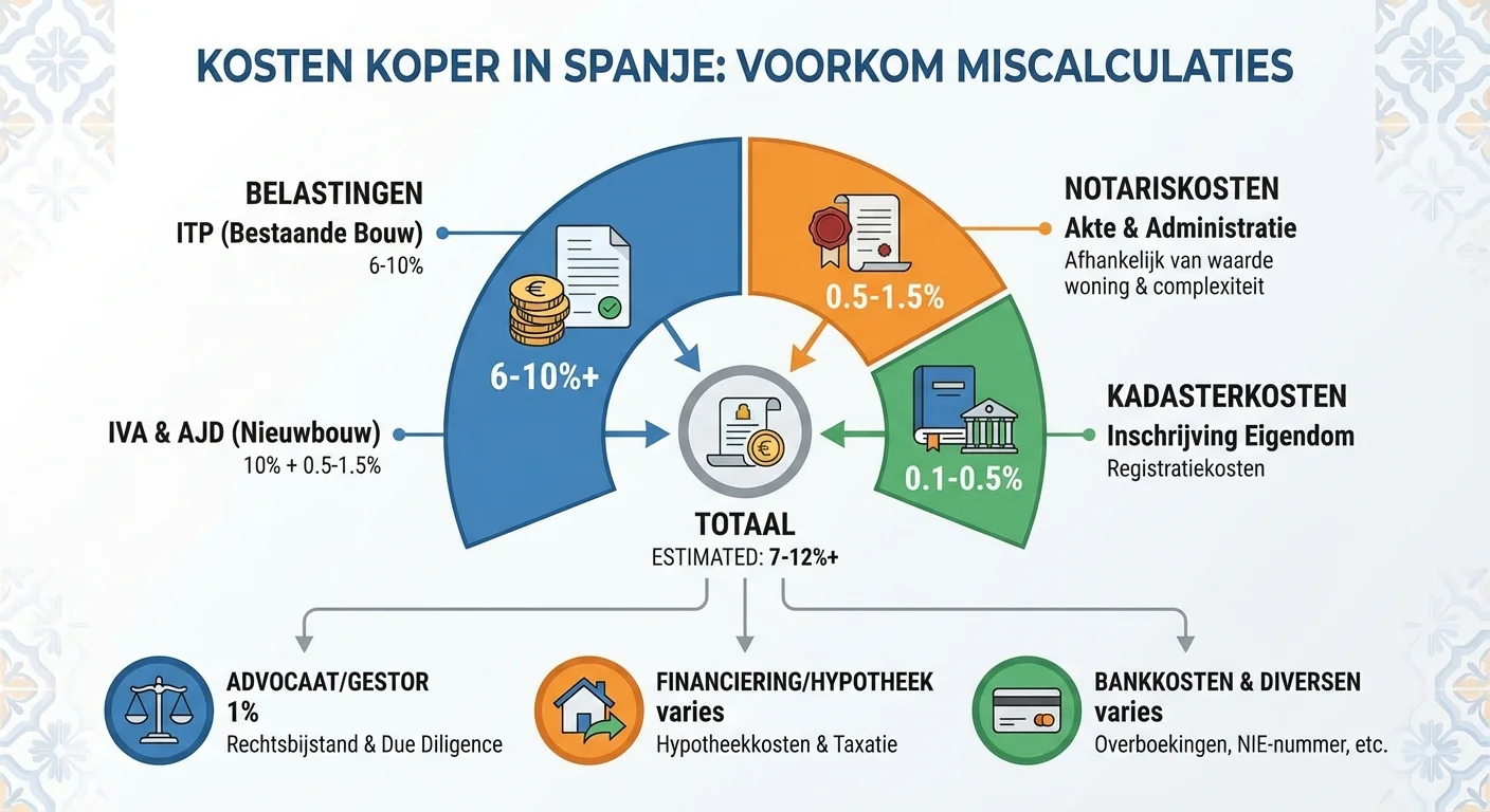 A detailed infographic-style diagram showing the breakdown of the Cost of Buyer in Spain: Avoid Miscalculations, including icons for taxes, notary and land registry, professional appearance