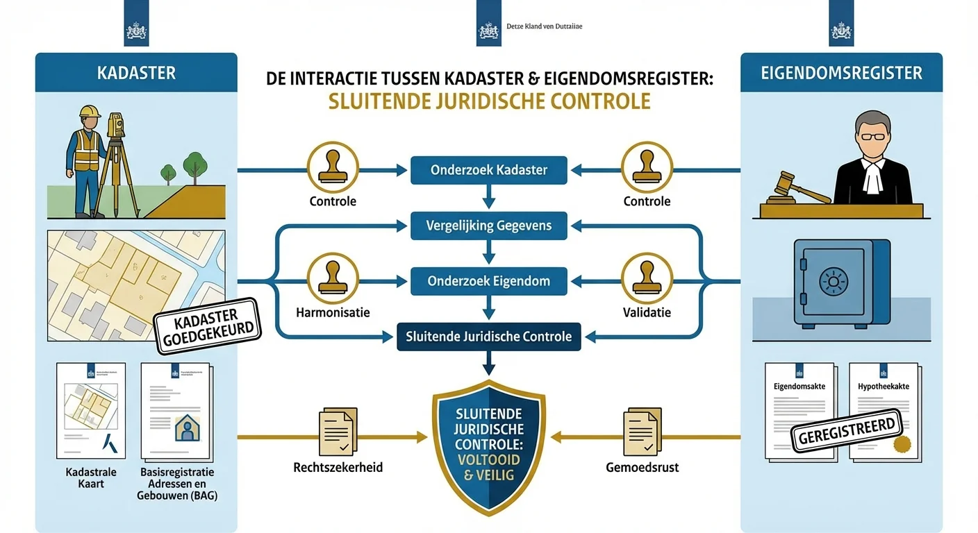 Ein detailliertes Diagramm im Stil einer Infografik, das die Interaktion zwischen dem Kataster und dem Grundbuch für eine schlüssige Rechtskontrolle visualisiert, mit Symbolen für amtliche Dokumente und Stempel, professionelles Aussehen