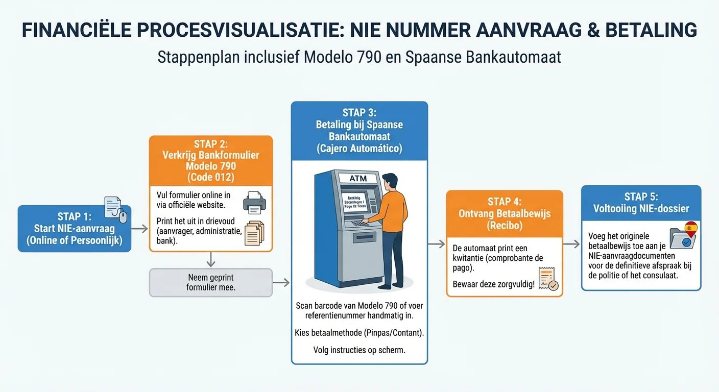 Een gedetailleerde procesvisualisatie van de financiële stappen voor een NIE Nummer, inclusief het bankformulier Modelo 790 en de betaling bij een Spaanse bankautomaat, professionele uitstraling. ALL text rendered in this image MUST be in Dutch. Ensure correct spelling.