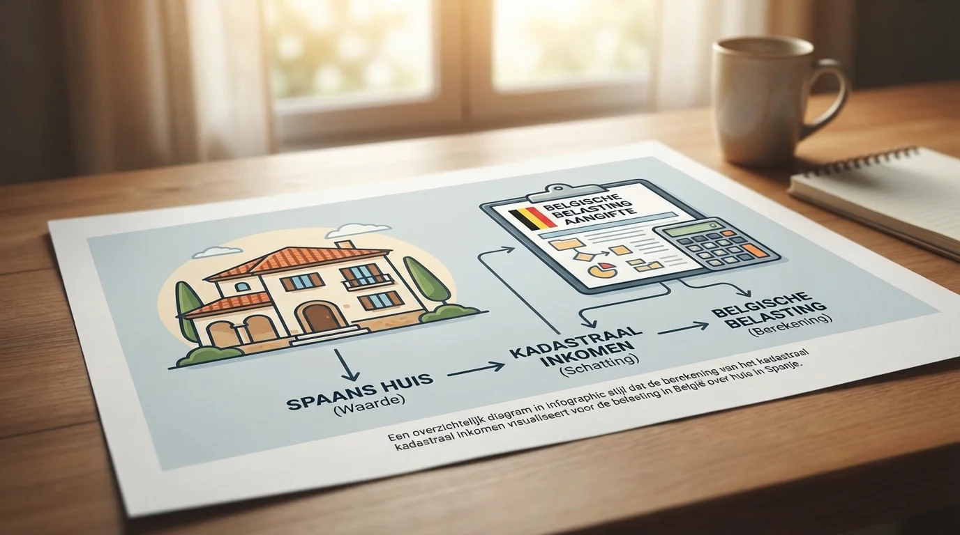 Een overzichtelijk diagram in infographic stijl dat de berekening van het kadastraal inkomen visualiseert voor de belasting in België over huis in Spanje, met iconen van een Spaans huis en Belgische belastingformulieren, professionele uitstraling