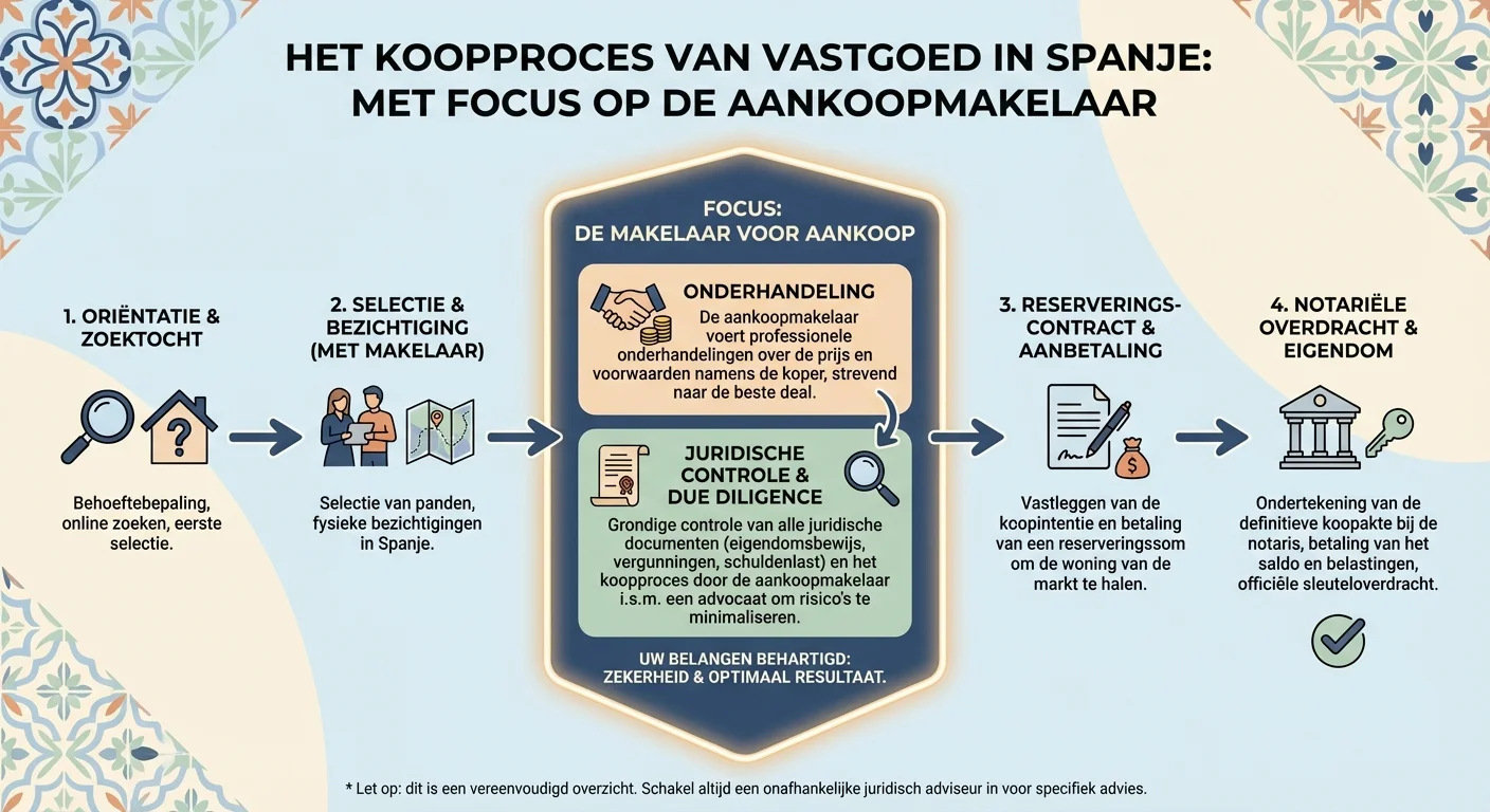 A clear diagram in infographic style visualising the different steps of the buying process, with a focus on the Broker for Purchase in Spain checking and negotiating legal documents, professional and informative look. ALL text rendered in this image MUST be in Dutch. Ensure correct spelling.