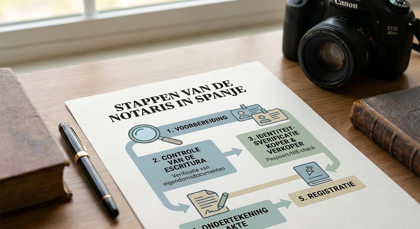 Een overzichtelijk diagram in infographic-stijl dat de stappen van de Notaris in Spanje visualiseert, inclusief de controle van de Escritura en de verificatie van de identiteit van koper en verkoper, met een professionele uitstraling