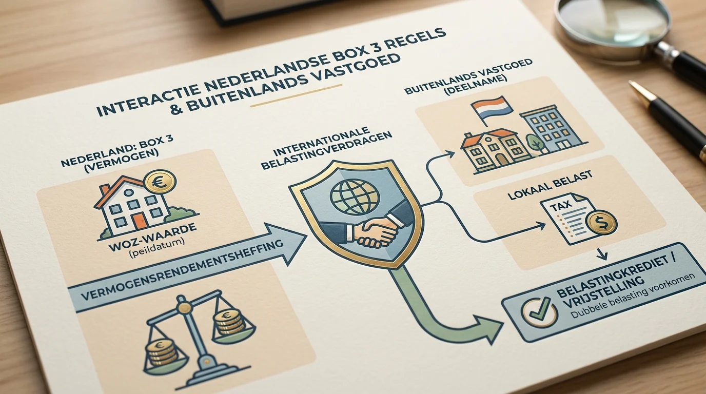 Een overzichtelijk diagram in infographic-stijl dat de interactie toont tussen de Nederlandse Box 3 regels en buitenlands vastgoed belast, met iconen voor de WOZ-waarde en internationale belastingverdragen.