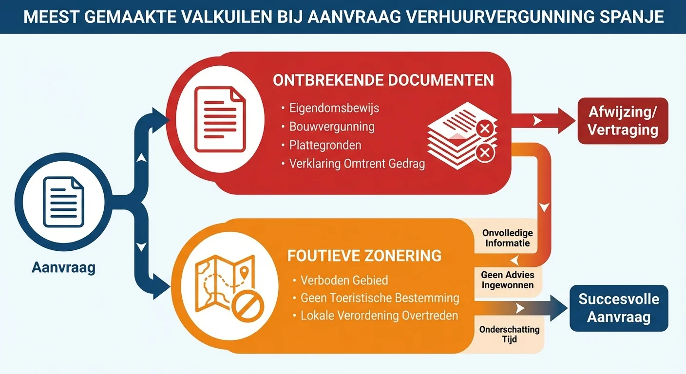 Een overzichtelijk diagram in infographic stijl dat de meest gemaakte valkuilen bij een verhuurvergunning in Spanje visualiseert, inclusief ontbrekende documenten en foutieve zonering, met een professionele uitstraling