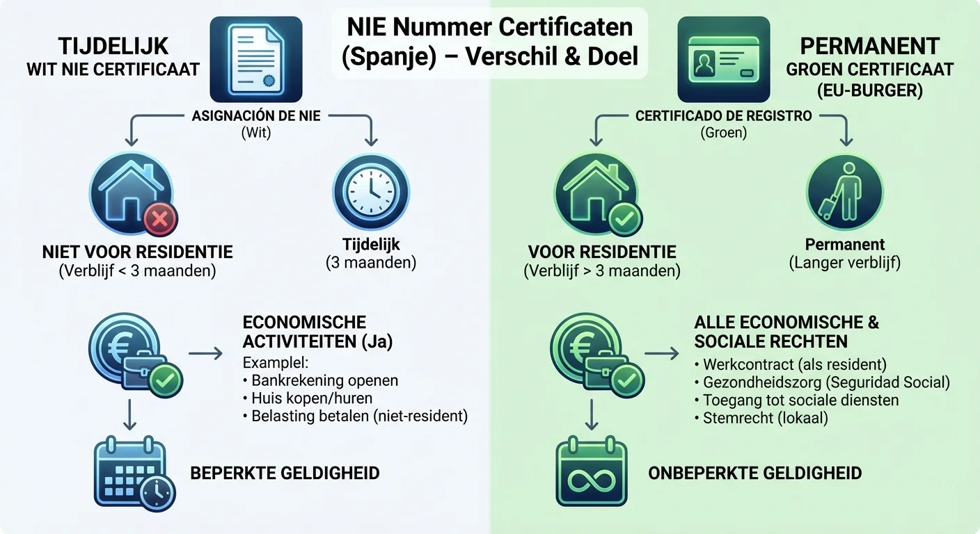 Een overzichtelijk infographic diagram dat het verschil laat zien tussen een tijdelijk wit NIE Nummer certificaat en een permanent groen certificaat, met duidelijke iconen voor residentie en economische activiteiten. ALL text rendered in this image MUST be in Dutch. Ensure correct spelling.
