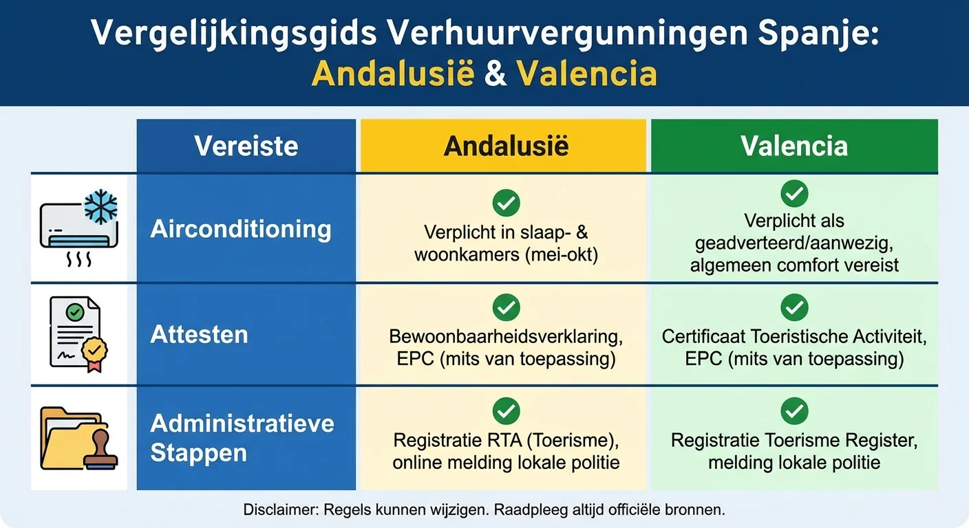 A clear infographic comparing the different requirements for a Letting Licence Spain by region such as Andalusia and Valencia, with icons for air conditioning, attestations and administrative steps, professional and informative style