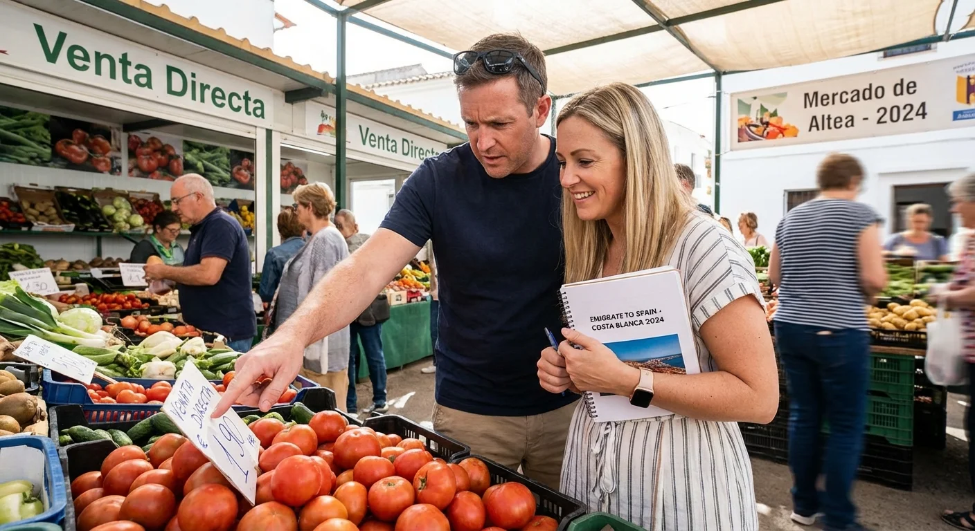 A realistic action shot from a dynamic perspective of a couple visiting the local market during their process of Emigrating to Spain while comparing prices of fresh produce on the Costa Blanca in 2024, professional look