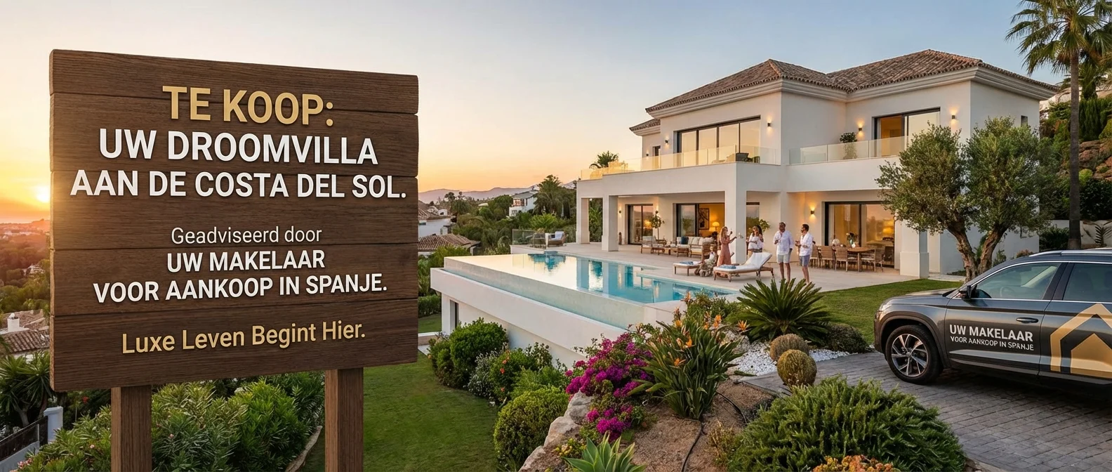 An attractive and wide panorama of a luxury villa on the Costa del Sol, advised by an Estate Agent for Purchase in Spain, with an inviting composition and professional lighting. ALL text rendered in this image MUST be in Dutch. Ensure correct spelling.