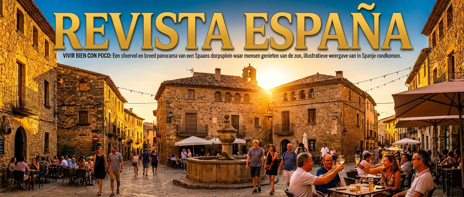 Een sfeervol en breed panorama van een Spaans dorpsplein waar mensen genieten van de zon, illustratieve weergave van in Spanje rondkomen, warme mediterrane sfeer, professionele fotografie
