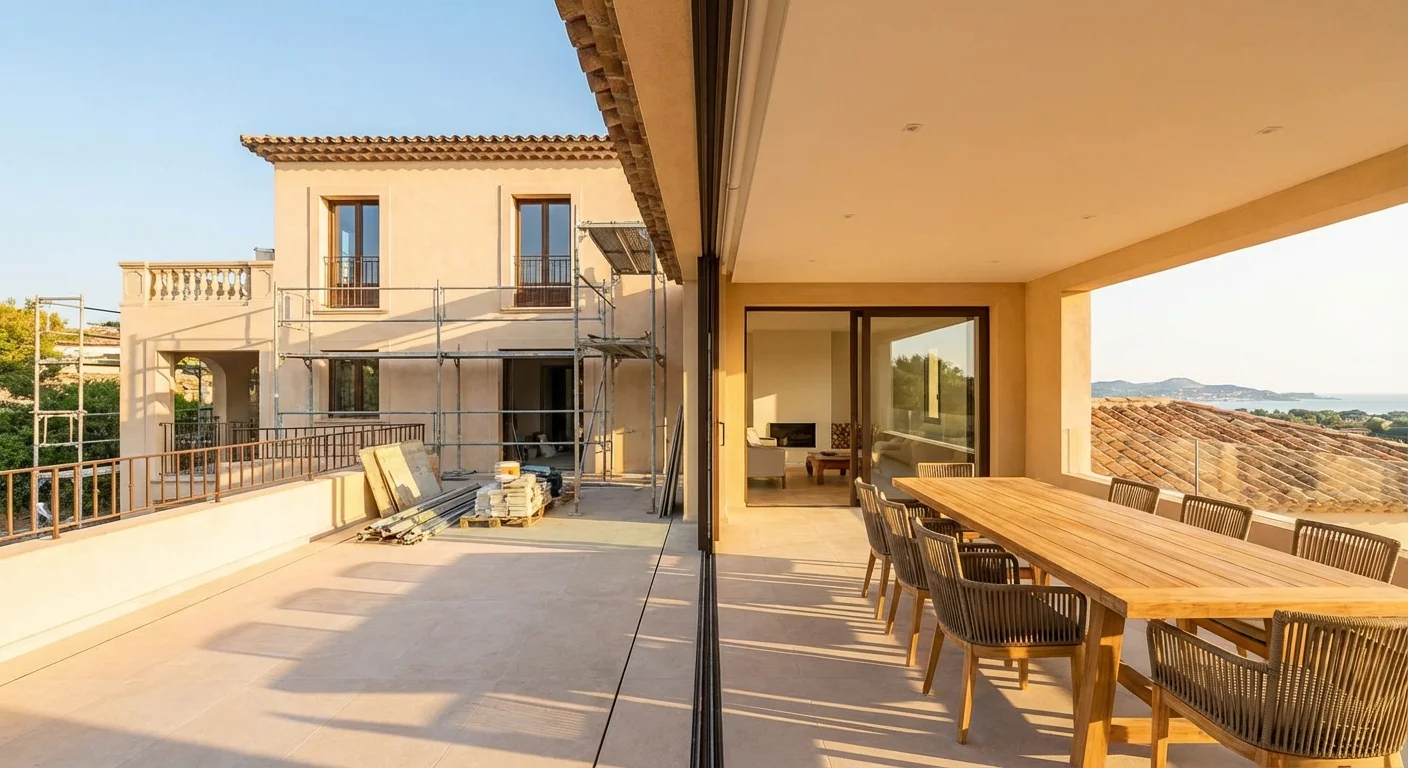 Wide panorama of a Mediterranean villa being renovated as part of Flipping Houses in the Alicante region