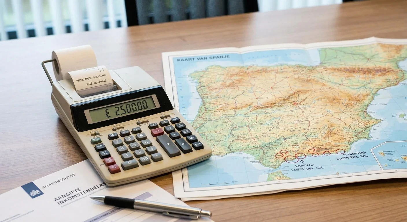 Official tax form with a Spanish pen and a house key, illustrating the Dutch tax on a house in Spain, professional look