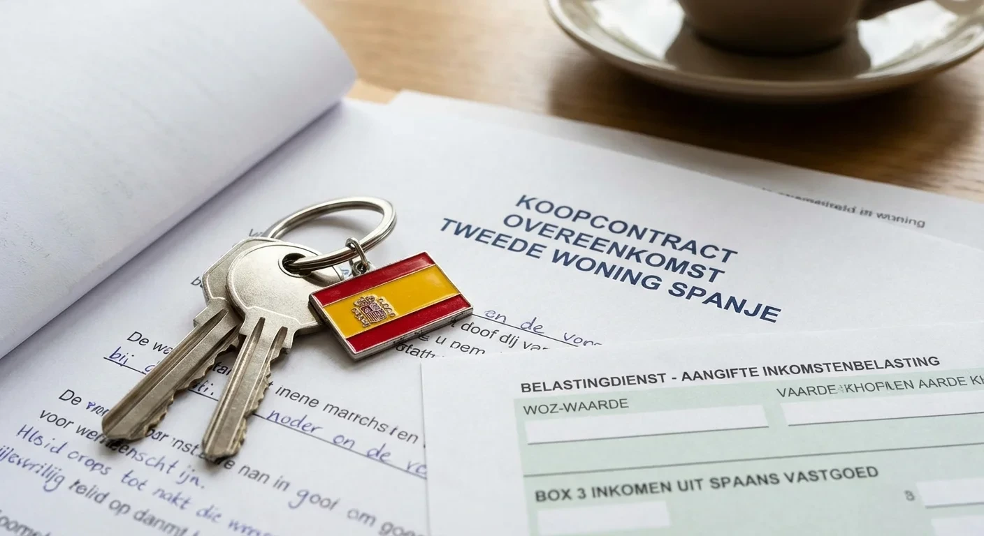 sharp focus van een moderne sleutelbos met een Spaans vlaggetje liggend op een koopcontract, representatief voor de belasting over je tweede huis in Spanje, heldere belichting