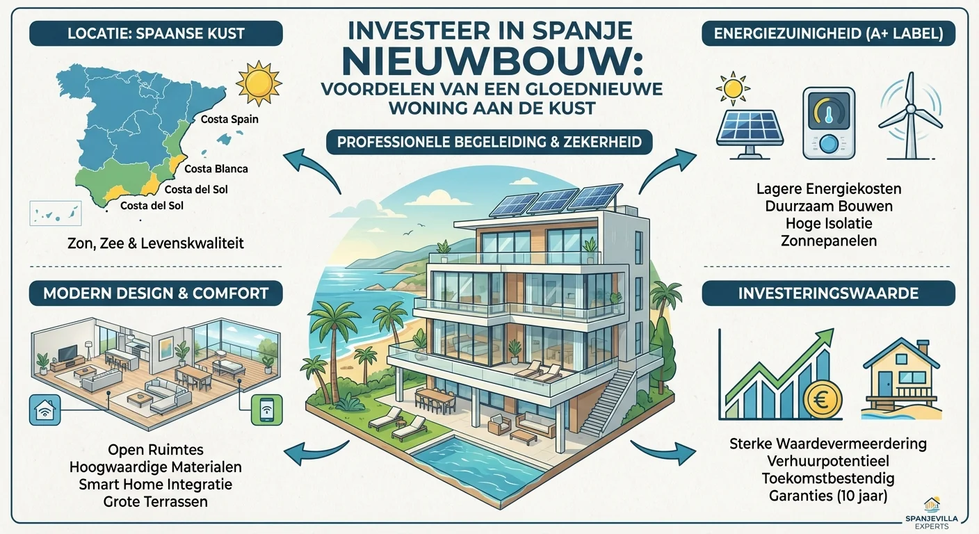Diagramm oder Infografik, klar und informativ über Invest in Spain new construction und die Vorteile eines brandneuen Hauses an der spanischen Küste wie Energieeffizienz und modernes Design, professionelles Aussehen