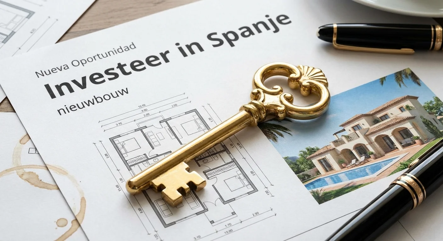 Detailaufnahme, Schärfe eines glänzenden goldenen Schlüssels auf einem modernen Gebäudeplan von Invest in Spain new construction, symbolisiert eine neue Chance, professionelles Aussehen