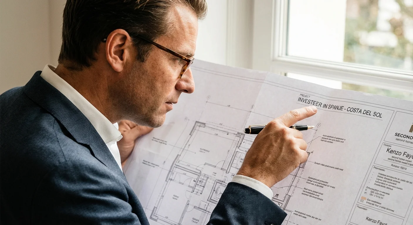 close-up detail shot, sharp focus of second homes property expert Kenzo Fayot studying a blueprint for a project by Invest in Spain, professional appearance