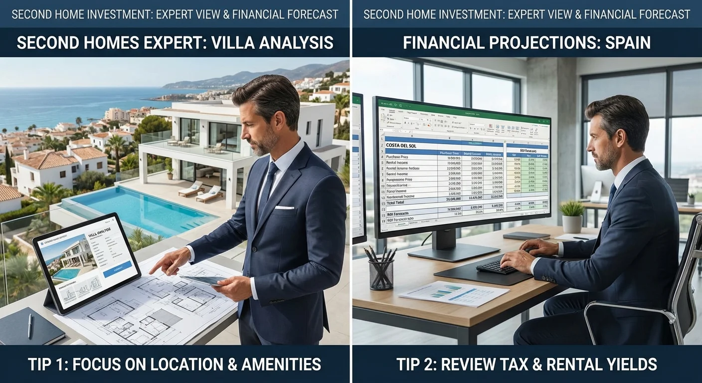 comparative view, side-by-side layout of a second homes expert analysing a luxury villa alongside a spreadsheet with financial projections for buying property in Spain: tips from an experienced CEO, professional appearance