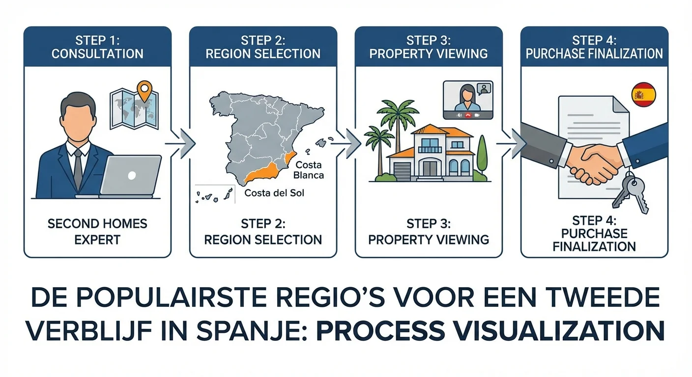 step-by-step illustration, process visualisation of second homes expert at the most popular regions for second homes in spain, professional appearance