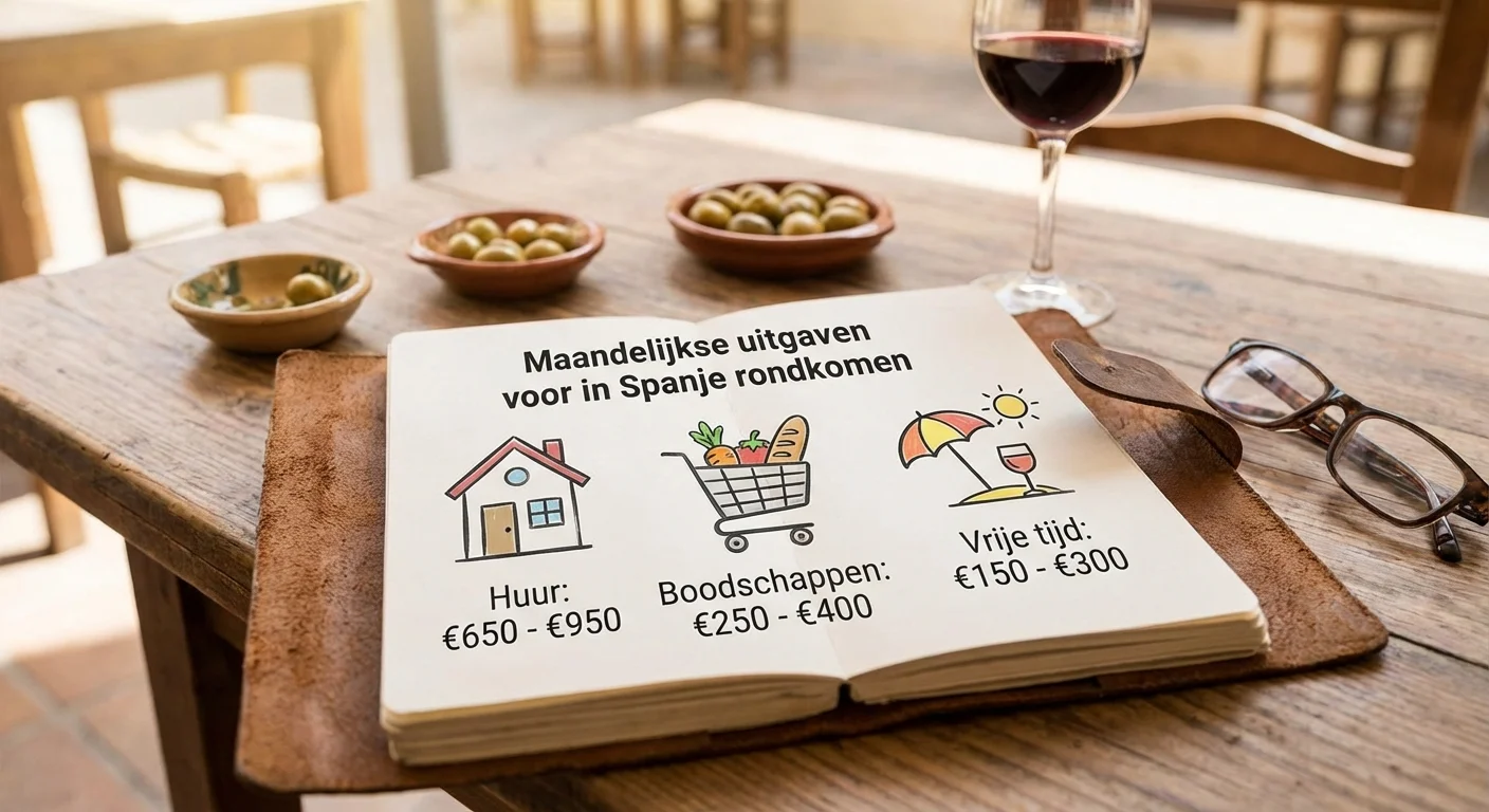 infographic style met een overzicht van de maandelijkse uitgaven voor in Spanje rondkomen, inclusief iconen voor huur, boodschappen en vrije tijd, professionele uitstraling