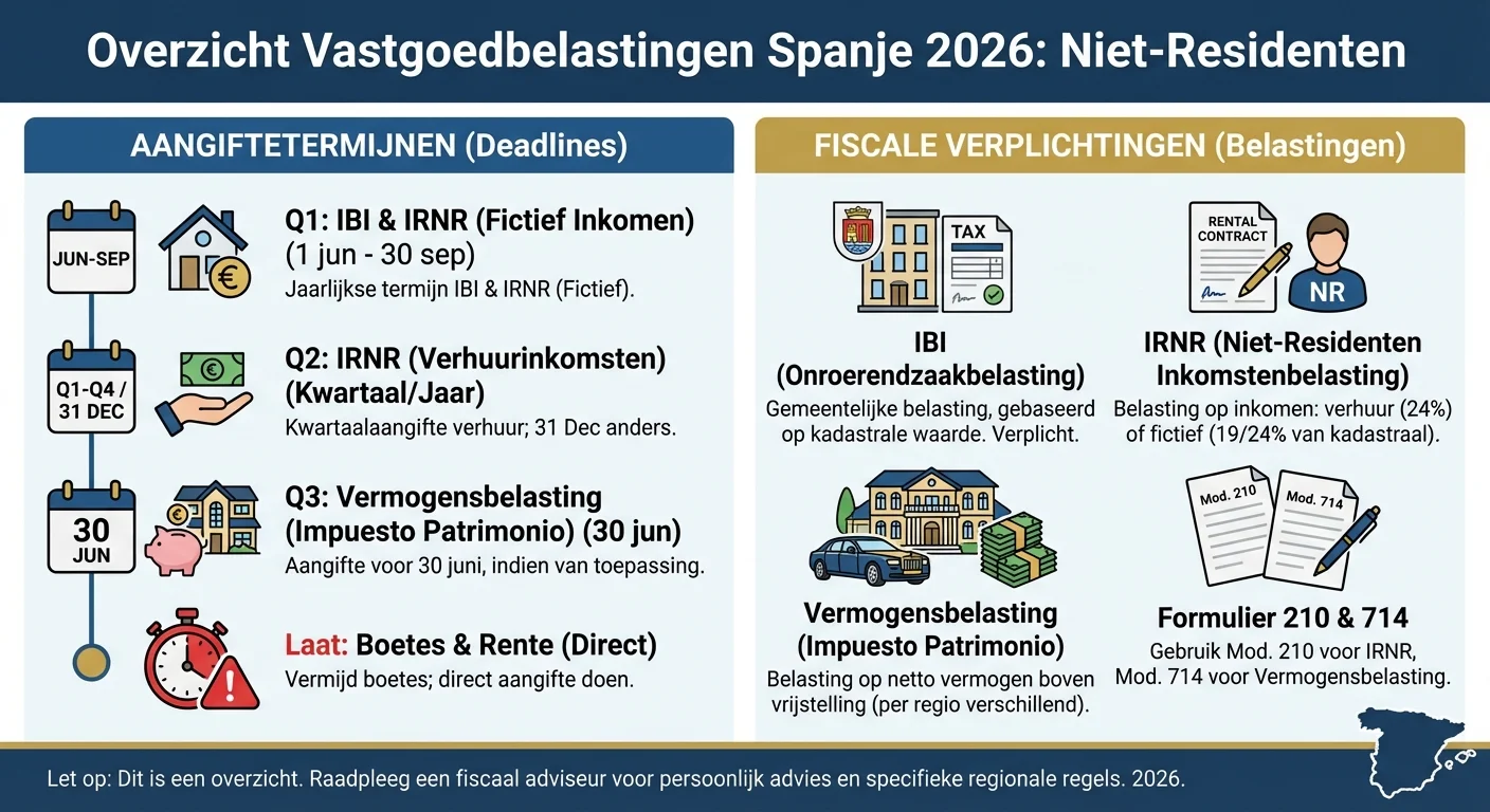 infographic style overview of Property Taxes in Spain 2026 for non-residents with clear icons for declaration deadlines and tax obligations, professional appearance