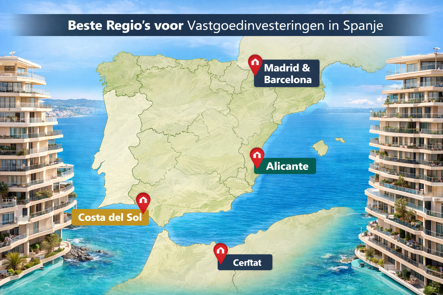 Karte von Spanien mit den besten Regionen für Immobilieninvestitionen: Costa del Sol, Madrid/Barcelona und Alicante.