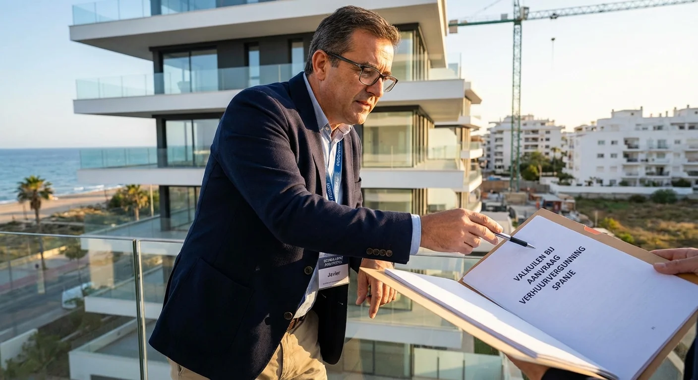 realistic action photo, dynamic perspective van een Spaanse architect die een officieel document inspecteert om de valkuilen bij een verhuurvergunning in Spanje te vermijden bij een modern kustappartement, professional appearance
