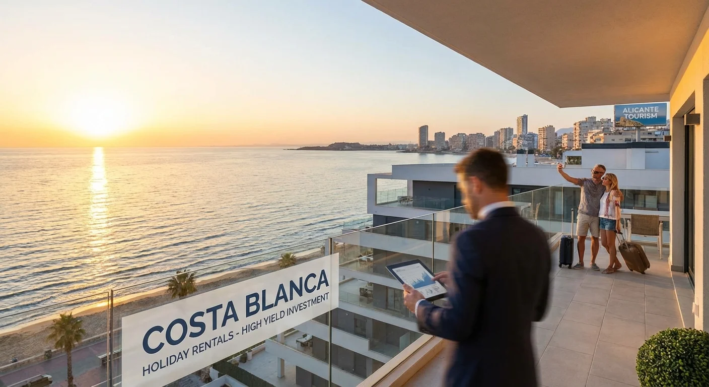 Modern appartement met uitzicht op de Middellandse Zee bij zonsondergang, illustratief voor de toeristische aantrekkingskracht rond Alicante