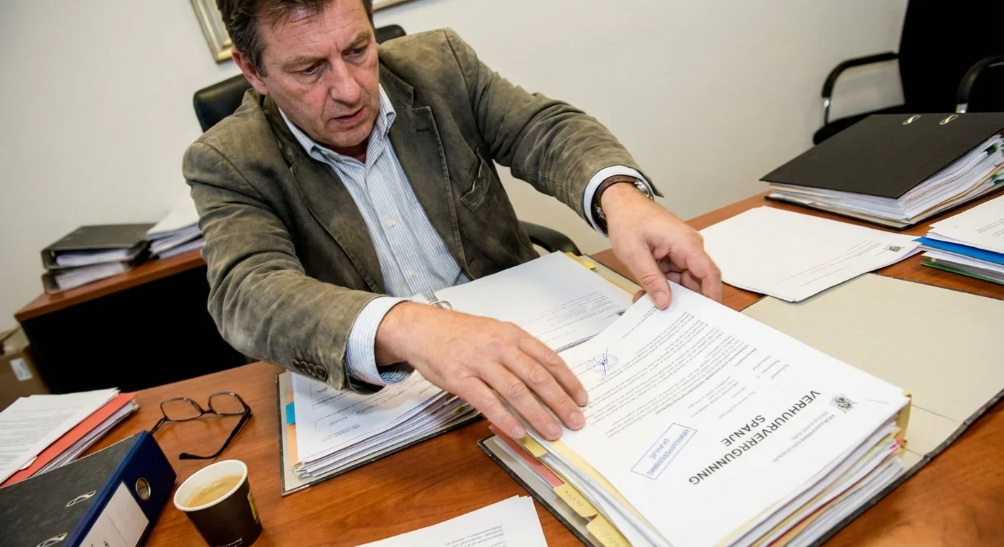 realistic action photo, dynamic perspective of a Belgian owner organising official papers and a Rental Permit Spain document on a wooden desk, professional appearance