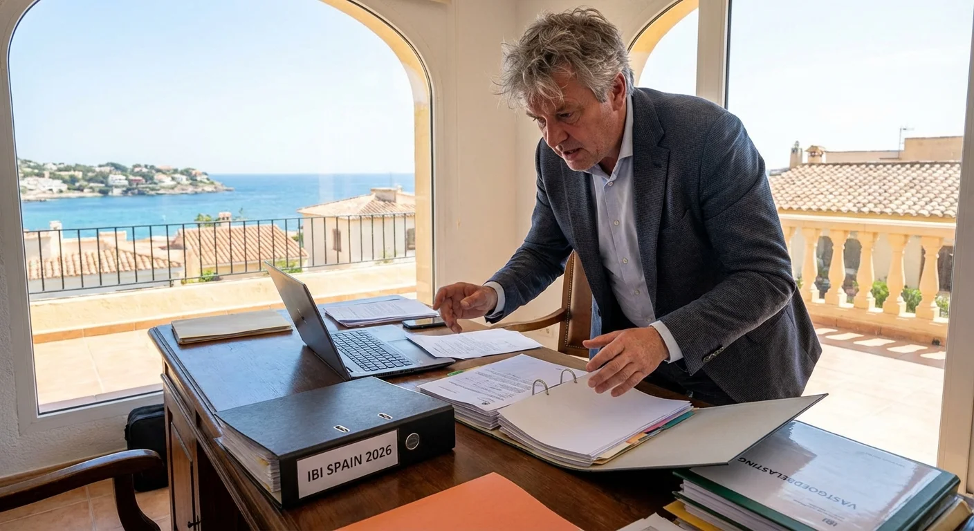 realistic action photo, dynamic perspective of a Flemish investor arranging documents for the Real Estate Tax in Spain 2026 at a desk overlooking the Mediterranean Sea, professional appearance