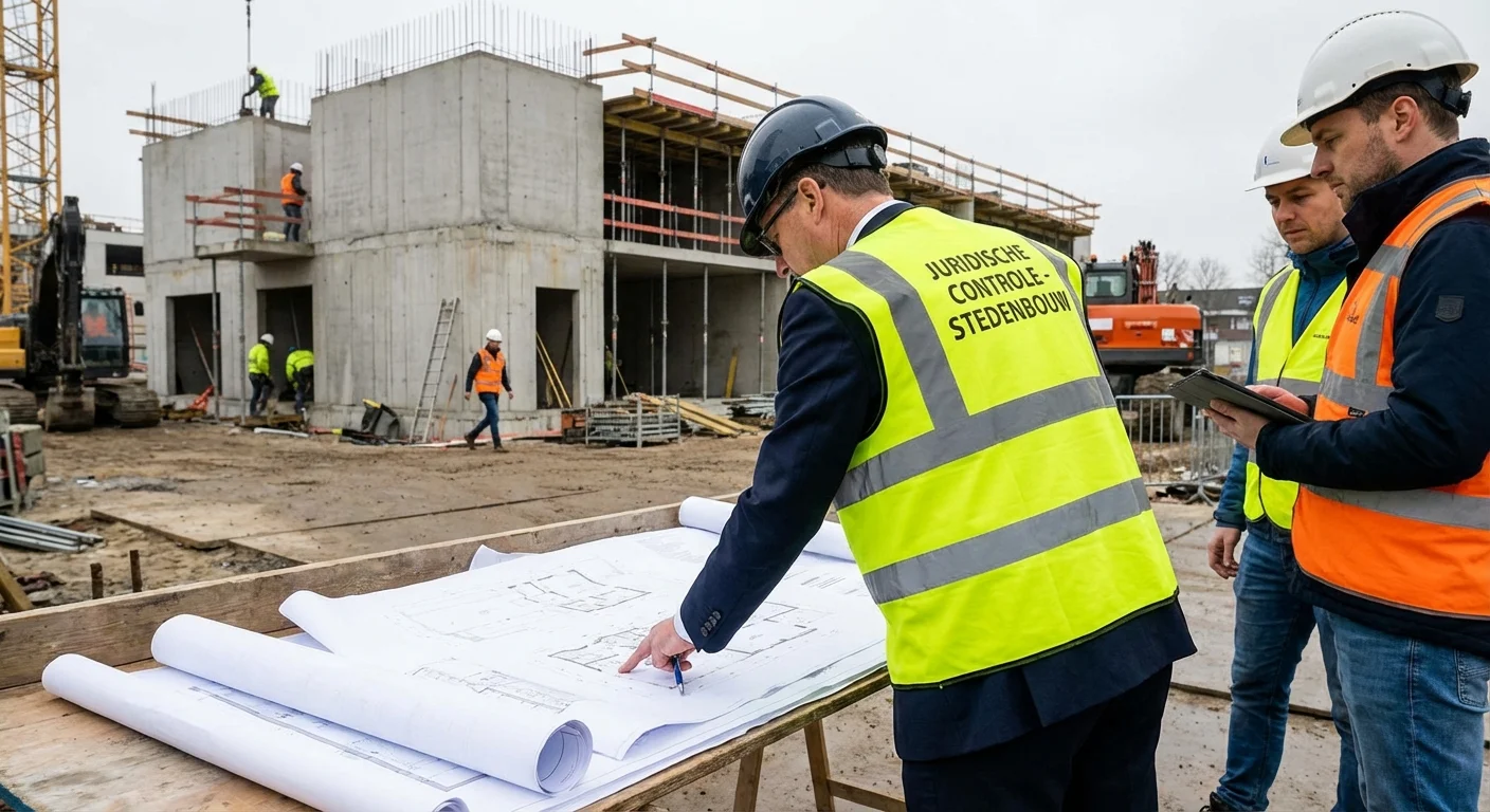 realistisches Action-Foto, dynamische Perspektive der Rechtskontrolle bei städtebaulichen Verstößen und örtlicher Genehmigungsprüfung, professionelles Erscheinungsbild, das einen Anwalt zeigt, der auf einer Baustelle Architekturpläne prüft
