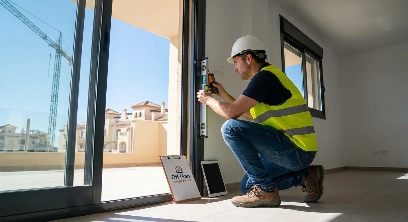 realistisches Action-Foto, dynamische Perspektive eines professionellen Gutachters, der eine neue Wohnung für den Kauf einer Off-Plan-Immobilie inspiziert und auf Baumängel und Verarbeitungsqualität in Spanien prüft